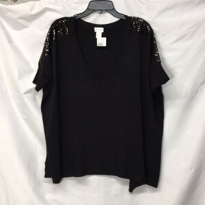 Motherhood Maternity Black Blouse Sequins Deep V Neck Women’s Size L NEW